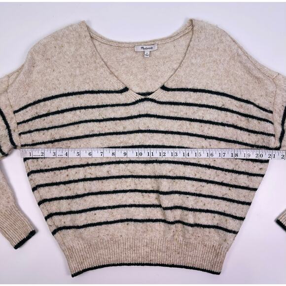 Madewell Merino Wool Oatmeal & Dark Green Striped V Neck Sweater Women’s Small - Picture 9 of 12